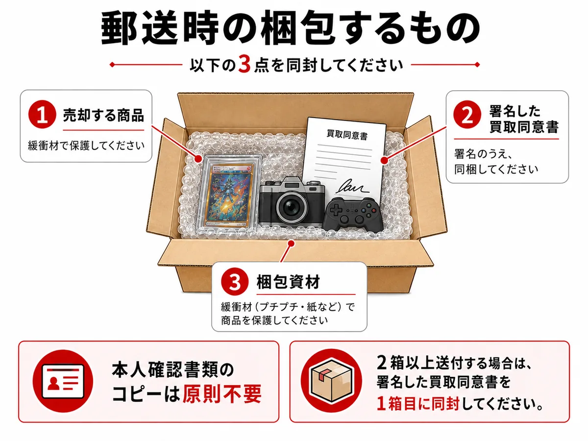 梱包するもの：売却する商品・記入済み買取同意書・梱包資材の3点を段ボールに入れて発送。本人確認書類のコピーは原則不要